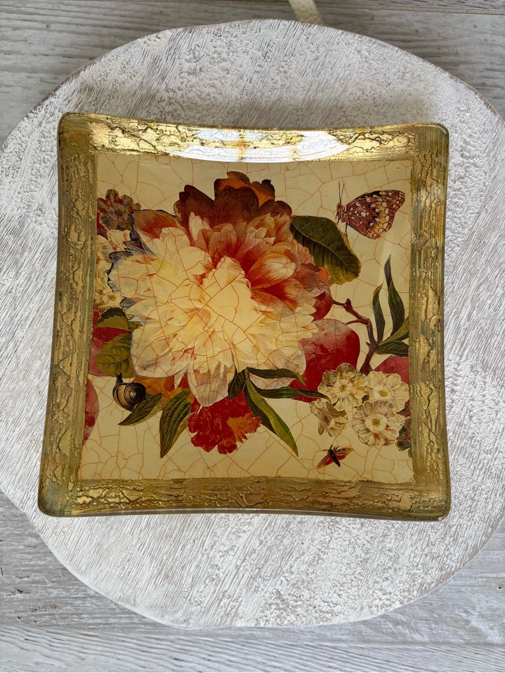 Glass Floral Catchall with Gold Leaf Rim